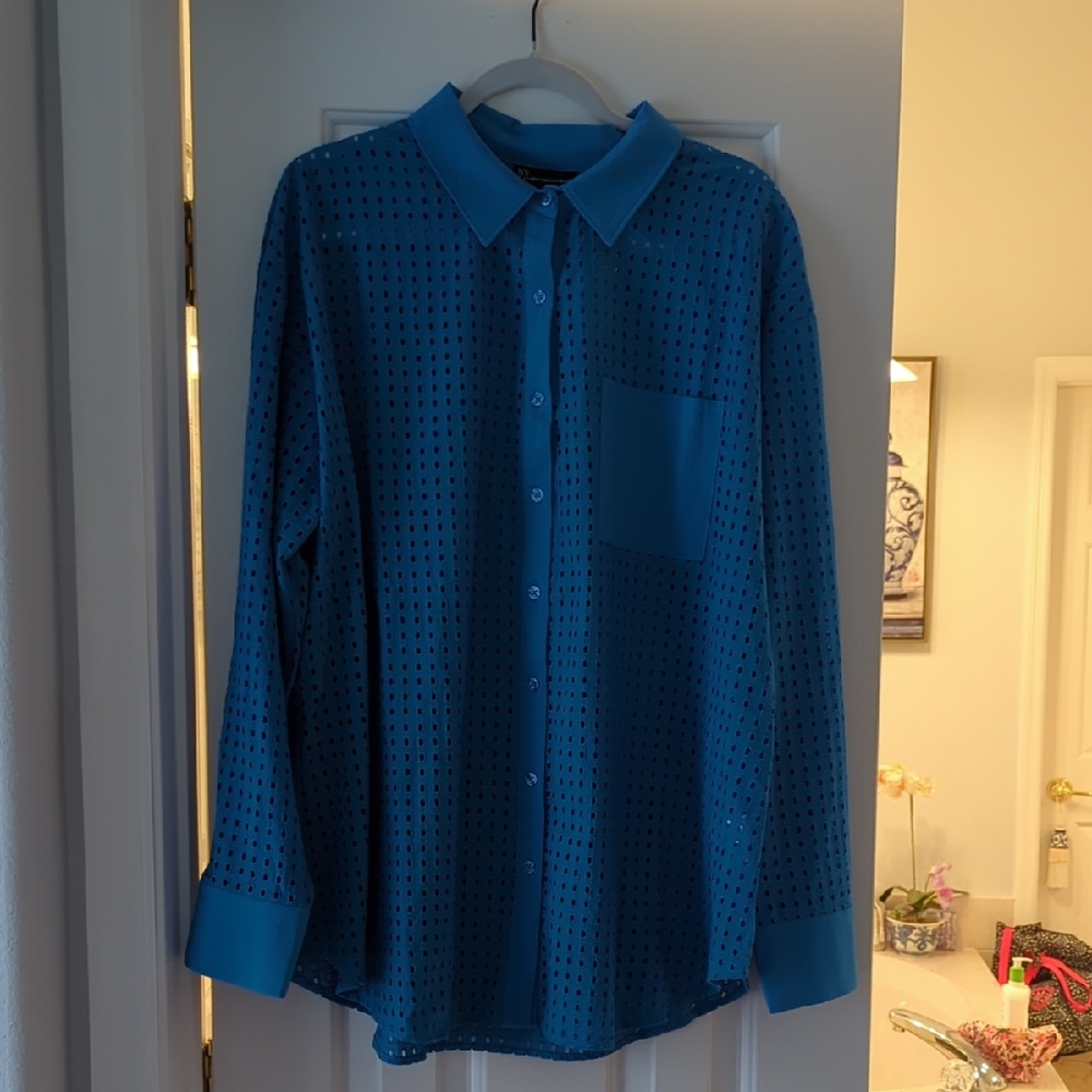 New York & Company Blue Casual Button Down Shirt
